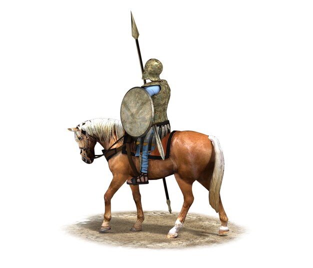 Cavaliere guerriero a cavallo rendering 3d