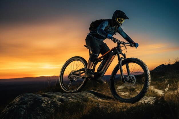 Photo a rider with enduro mountain bike electric bike