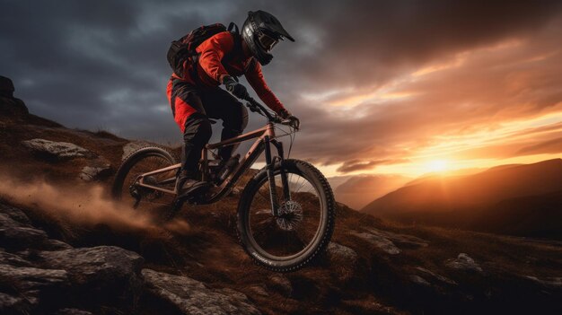 Photo a rider with enduro mountain bike electric bike