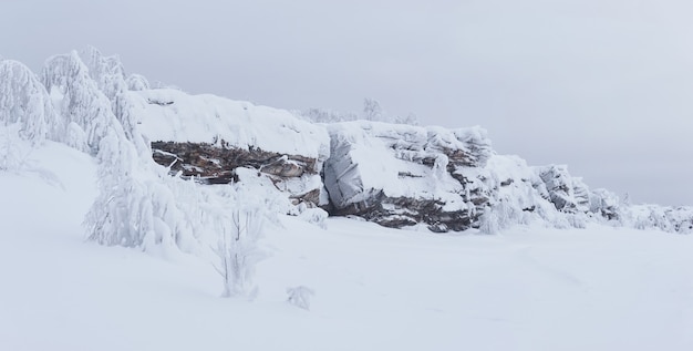 暗い冬の人けのない風景の中の雪をかぶった岩の尾根