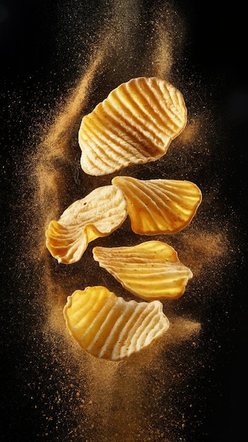 ridged potato chips suspended in midair