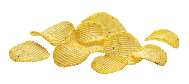 Ridged potato chips with sour cream and green onion flavor isolated on white background with clipping path