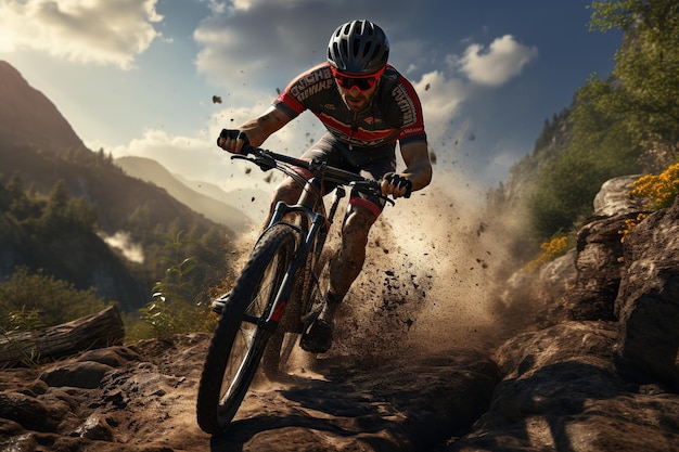 Riding bicycle on beautiful mountain trail in morning cyclist on sports bike Generated with AI