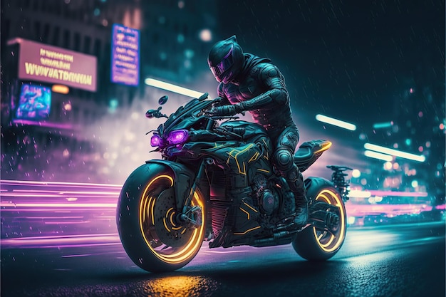 夜の街で未来的なスポーツ バイクに乗って、サイバー パンク バイクの背景