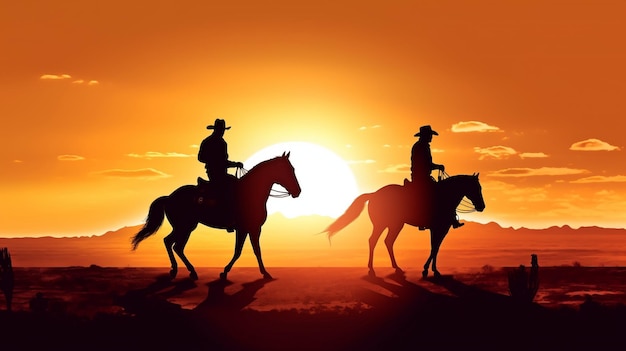 Photo a riding horse silhouetted against the sunset and two cowboys on horses are examples of generative ai