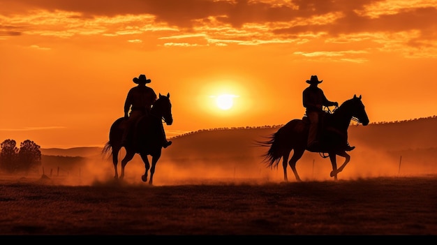 A riding horse silhouetted against the sunset and two cowboys on horses are examples of Generative AI