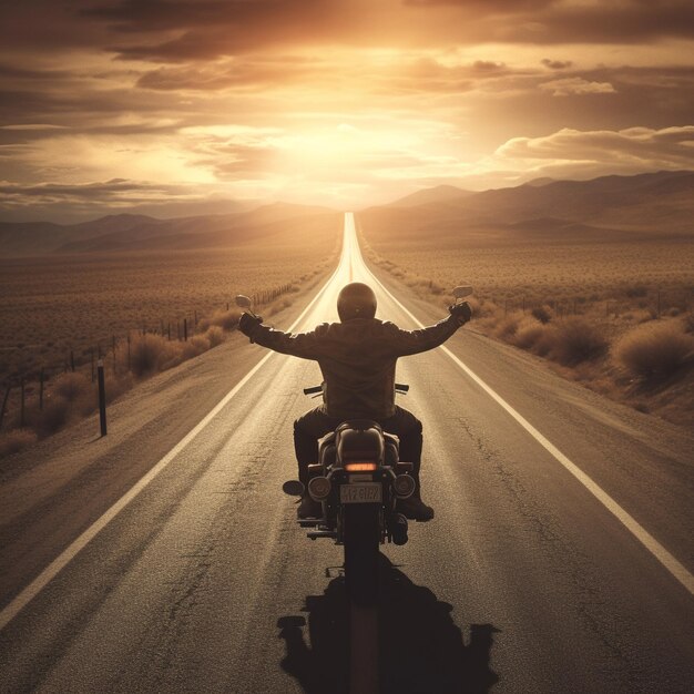 Foto a cavallo nel tramonto un'avventura in motocicletta d'epoca