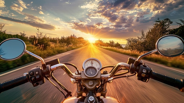 Photo riding a motorbike on a quiet street while enjoying the sunset on the beach road ai generated image