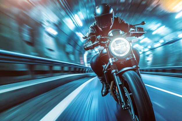 밤에는 고속도로 터널에서 고속도로에서 오토바이를 타고 있습니다.
