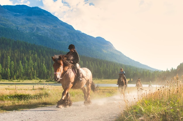 Riding on a mountain dirt road in the Swiss Alps