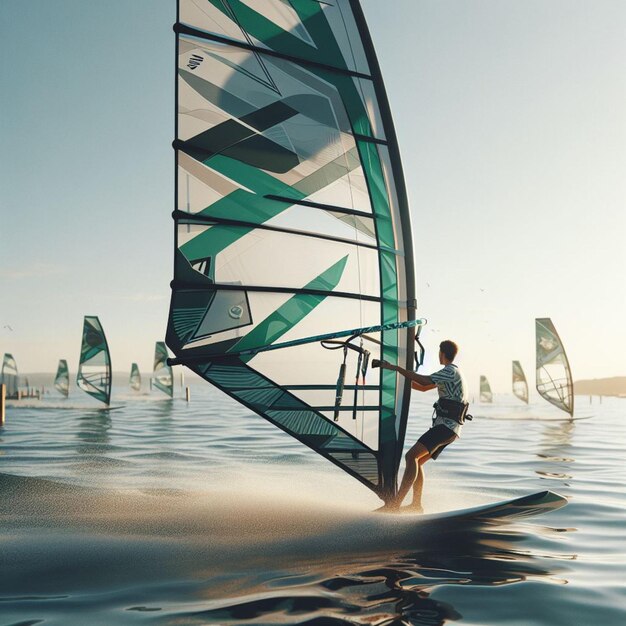 Photo riding the wind serene windsurfing bliss under blue skies