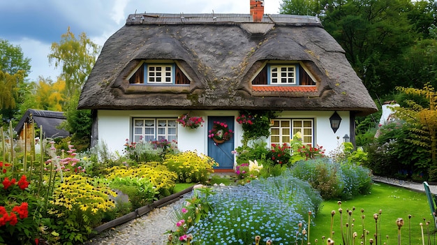 Foto rieten dakhuis in een zomeromgeving met bloemen in de voortuin