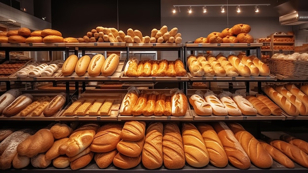 Rieten dienbladen met verschillende zoete broodjes in bakkerij