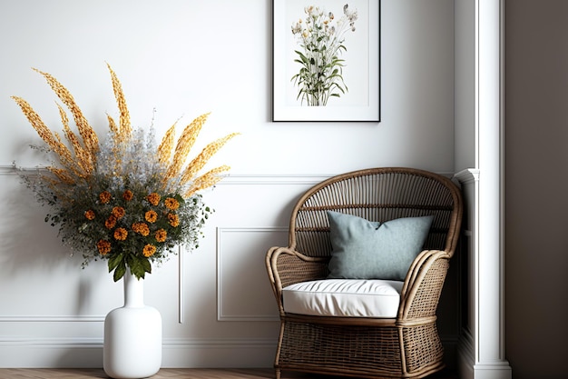 Rieten fauteuil en bloem in een mock-up van een witte muur in een woonkamer
