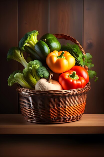 Foto rieten mand met groenten op donkere houten achtergrond