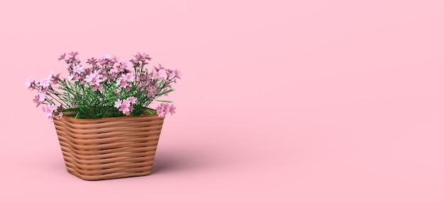 Rieten mand met lentebloemen op roze achtergrond Kopieer ruimte 3D illustratie