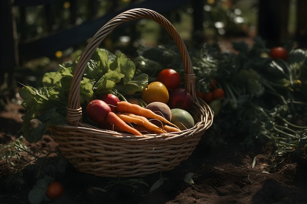 Rieten mand met verse biologische groenten in de tuin op een zonnige dag Groeiend eigen voedselconcept AI gegenereerd