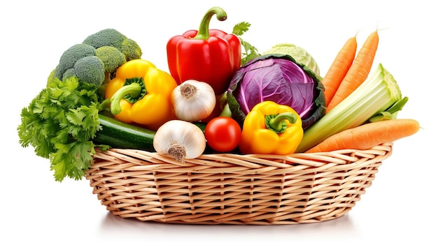 Rieten mand vol met verse groenten op witte achtergrond geïsoleerde boerenmarkt Gegenereerde AI