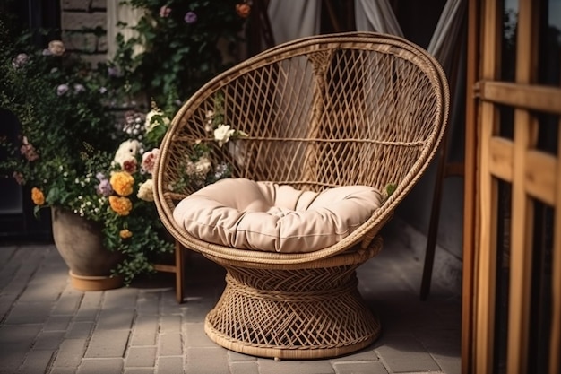 Foto rieten stoel met mand, gezellig beige kussen en bloemenvaas op een caféterras op een zomeravond