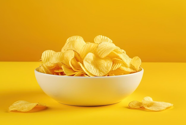 Riffled potato chips in white ceramic bowl on yellow background