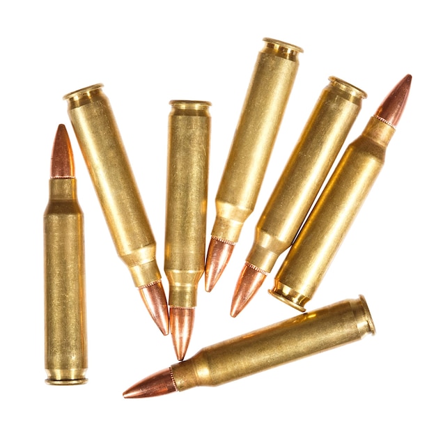 Rifle bullets on a white background