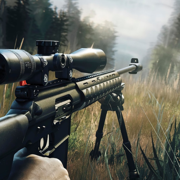 Rifle with a scope and bipod with first person shooter view