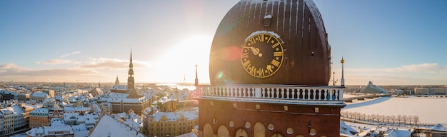 Riga Dome cathedral aerial view during sunset time in Riga Latvia