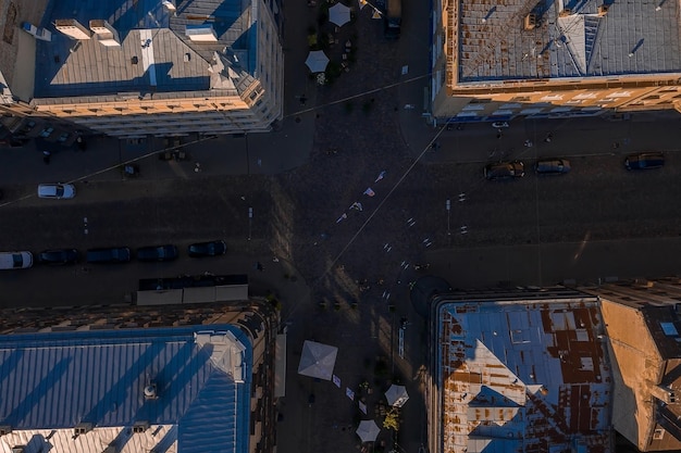 Riga/Latvia - August 10, 2020: Aerial view of the pedestrian Terbatas street. Pedestrian street in the capital of Latvia Riga.