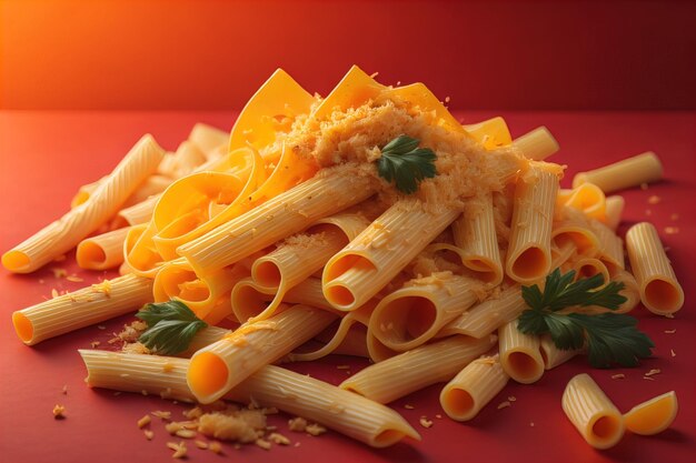 Photo rigatoni pasta with parmesan cheese on red background generative ai