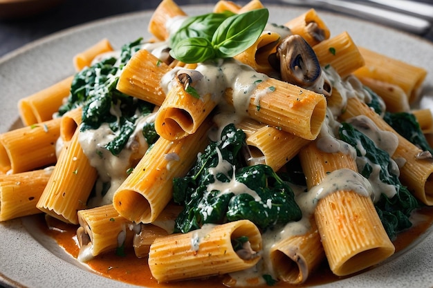 Foto rigatoni con funghi cremosi e salsa di spinaci