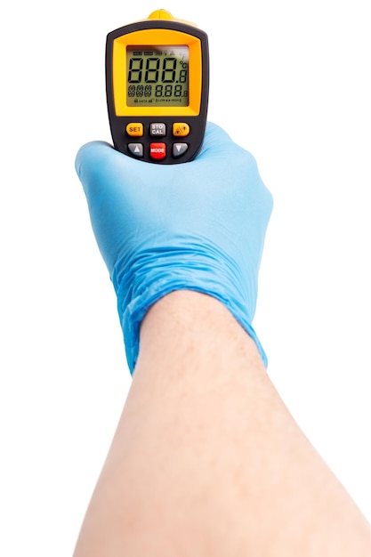 Right hand in blue medical latex glove aiming with yellow infrared contactless thermometer isolated on white mockup display state with all on