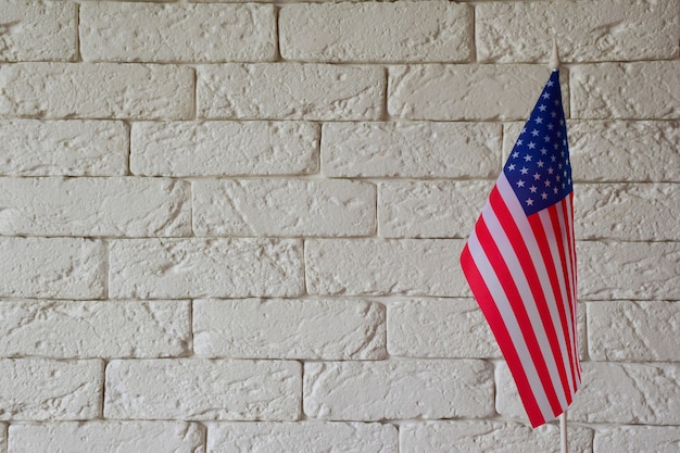 On the right side of the frame is the USA flag against the background of a brick wall