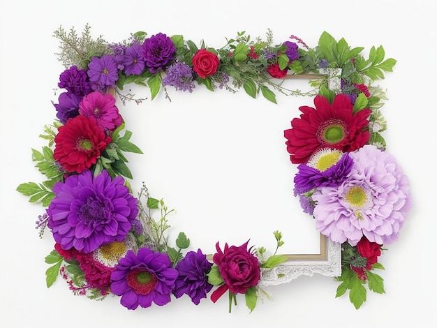 Right side of the image purple green and red small floral flowers and a big frame arrangement frame