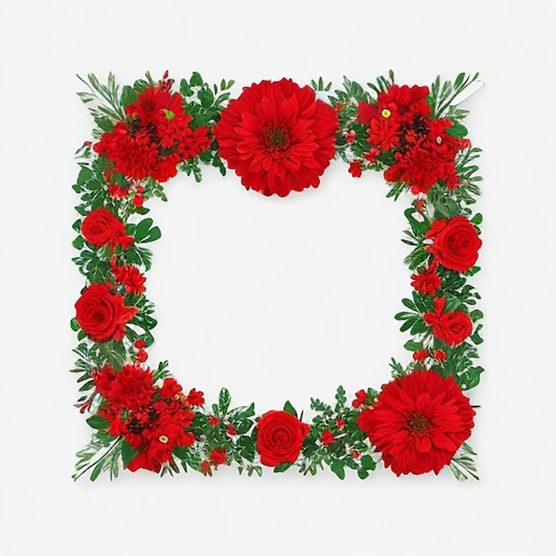 Right side of image red green small floral arrangement frame background bunch on a white background