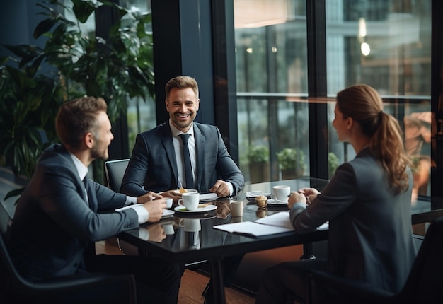 On the right side of the table stands the manager