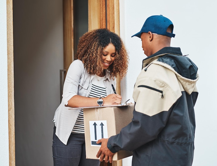 Photo right on time every time shot of a young woman signing for her delivery from the courier