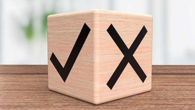 The right and wrong symbol on wood cube 3d rendering