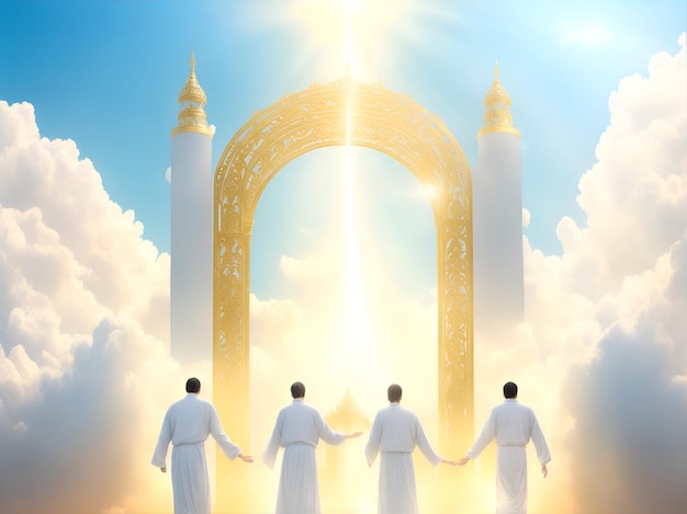 The righteous in white robes at the shining gates of the entrance to the Kingdom of Heaven AI generation