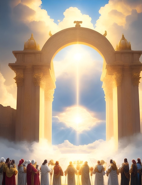 The righteous in white robes at the shining gates of the entrance to the Kingdom of Heaven