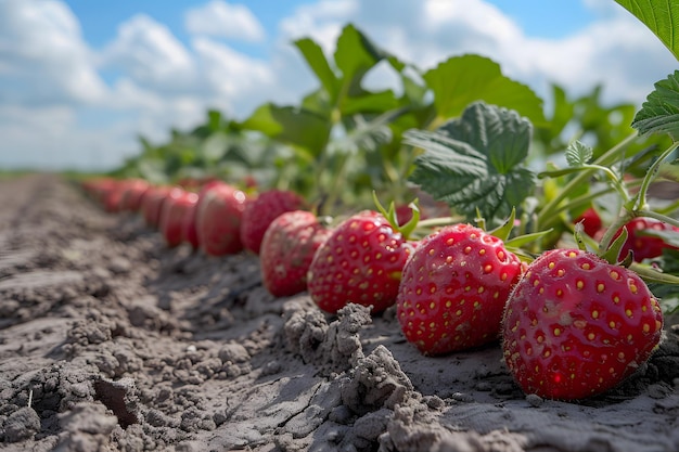 Rij aardbeien die op een veld groeien Generatieve AI