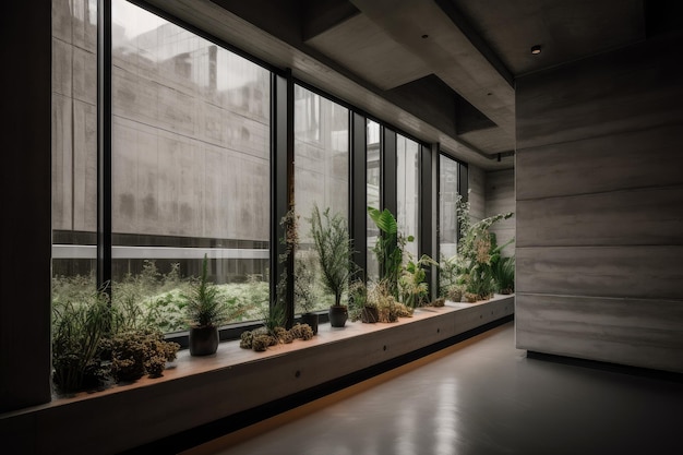 Rij betonnen muren met ramen en planten voor een natuurlijke binnentuin gemaakt met generatieve ai