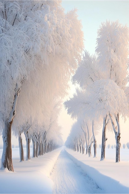 Rij bomen bedekt met sneeuw naast een weg generatieve ai