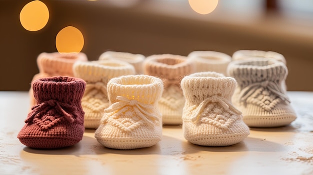 Rij gebreide babyslofjes op tafel babyartikelen