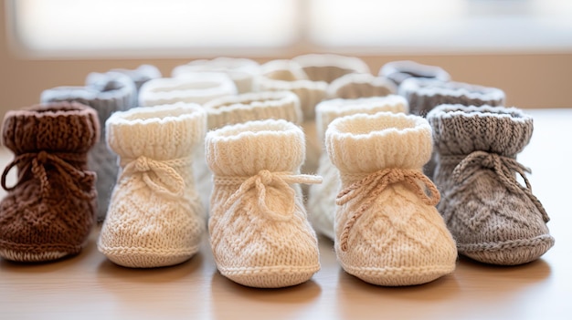 Rij gebreide babyslofjes op tafel babyartikelen