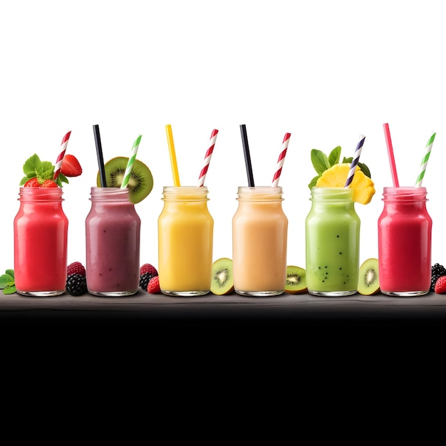 Rij gezonde smoothies van vers fruit en groenten met diverse ingrediënten geserveerd in glazen flessen