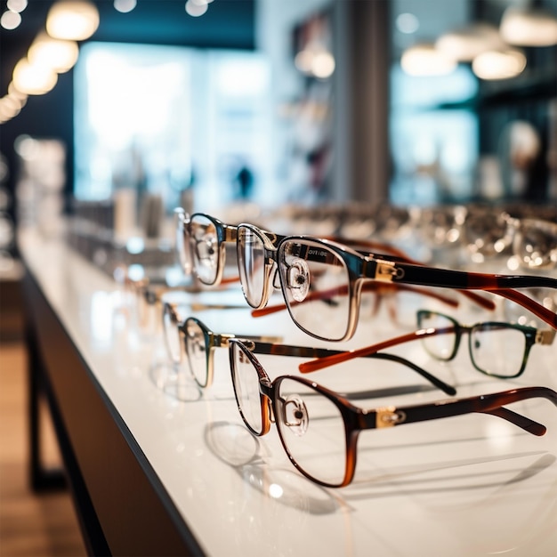 Rij glazen bij een opticien Brillen in de winkel