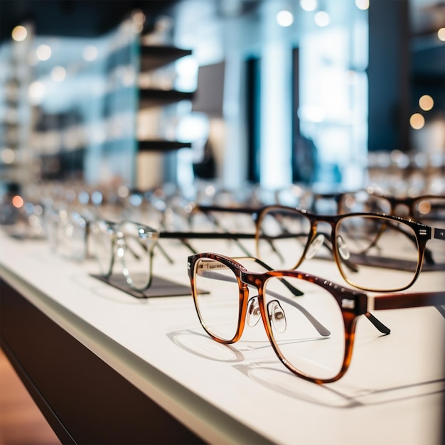 Rij glazen bij een opticien Brillen in de winkel