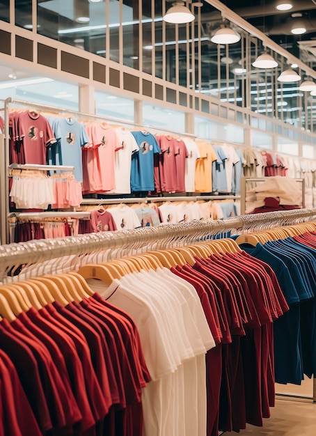 Rij modieuze polo-t-shirts voor de mens op houten hanger of rek in een kledingboetiekwinkel