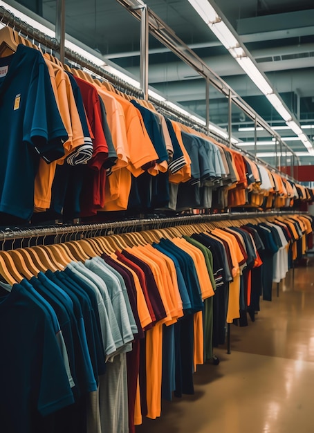 Rij modieuze polo-t-shirts voor de mens op houten hanger of rek in een kledingboetiekwinkel