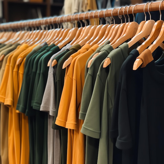 Rij modieuze polo-t-shirts voor de mens op houten hanger of rek in een kledingboetiekwinkel